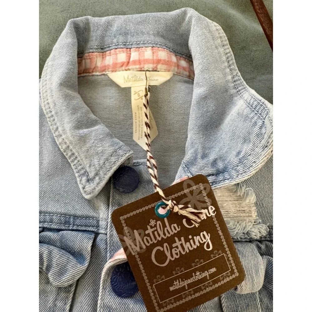 NWT Matilda Jane Denim Vest Girls 8 Light‎ Blue Pink Gingham Girlie Ruffle Bow